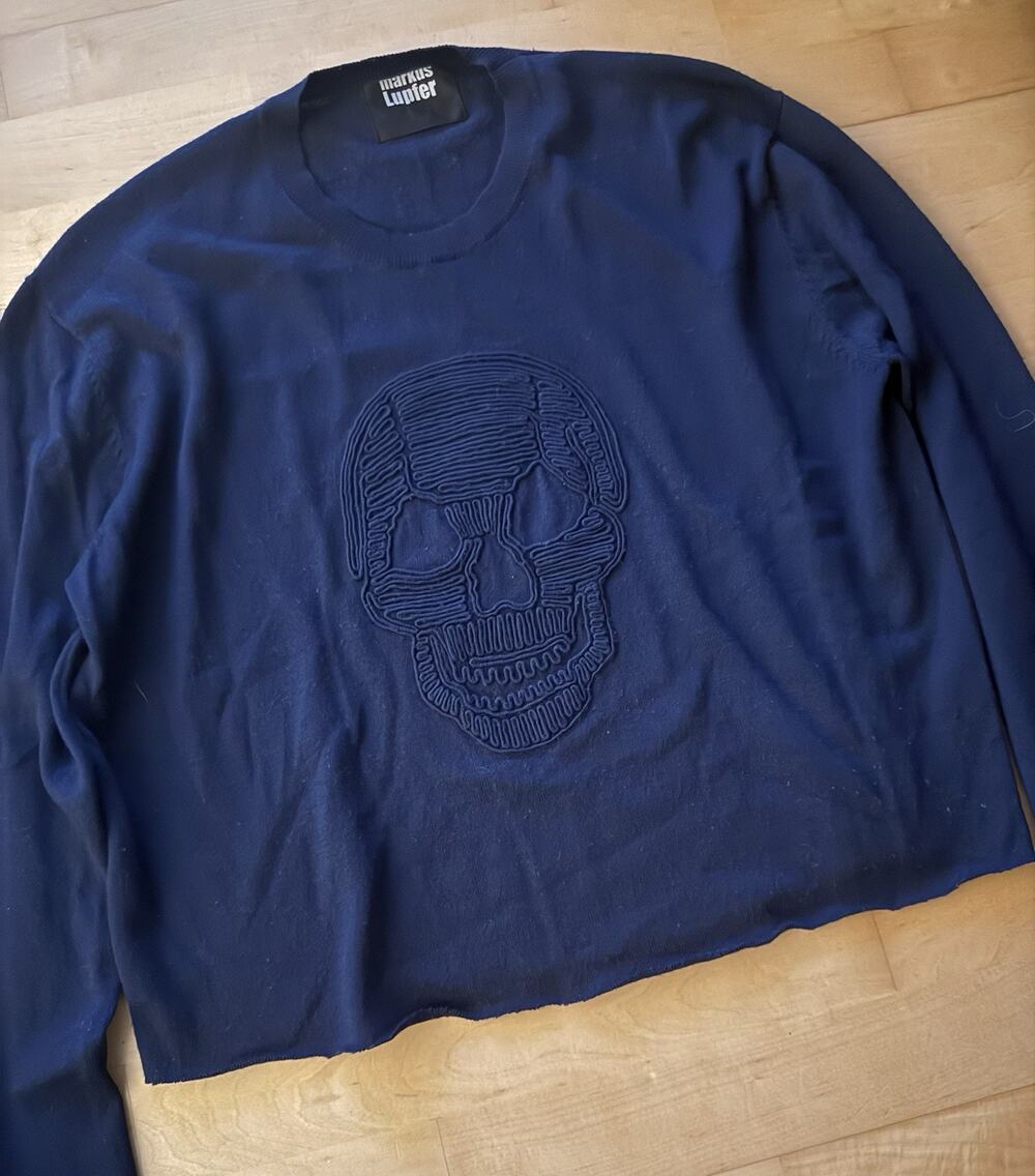 Markus Lupfer Cropped Skull Embroidered Graphic Sweatshirt Navy Blue Long Sleeve